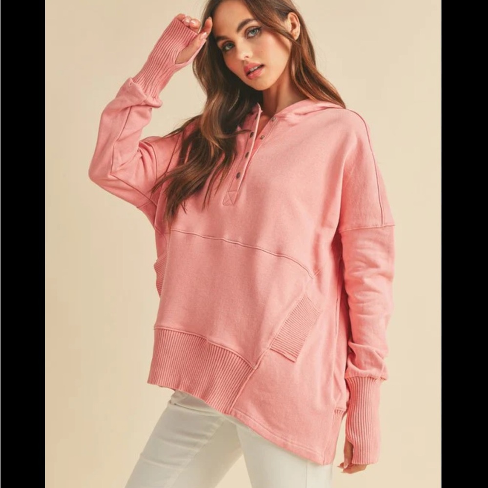 AEMI + CO Vivi Women’s Pink Half Snap Pullover Ribbed Cotton Hoodie SZ Large